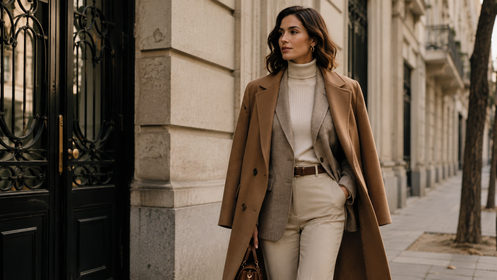 Mulher com look de inverno em sobreposição elegante, usando gola alta, blazer cinza e casaco camel.