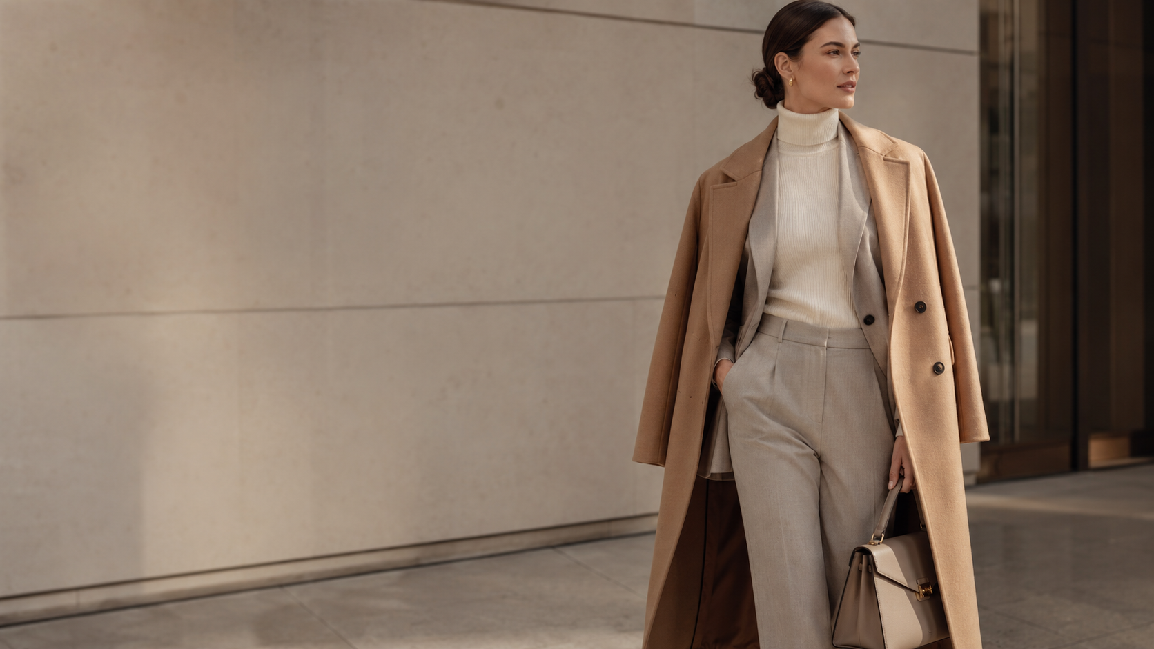 Mulher com look de trabalho no inverno 2026, usando alfaiataria neutra, tricô e sobreposição elegante em estilo editorial.