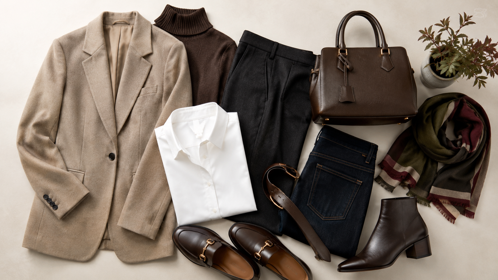 Flat lay de looks de trabalho no inverno 2026, com blazer, tricô, alfaiataria e acessórios em tons neutros.