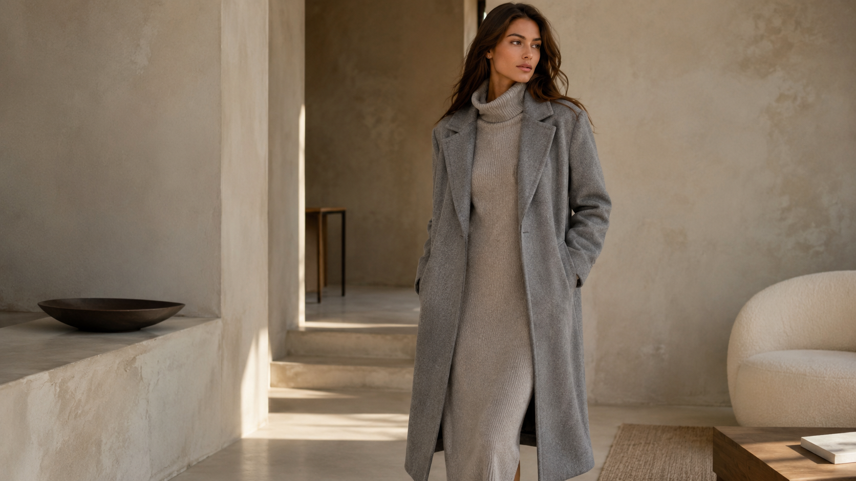 Modelo adulta usando casaco camel comprido em rua elegante, com styling neutro e sofisticado de inverno.