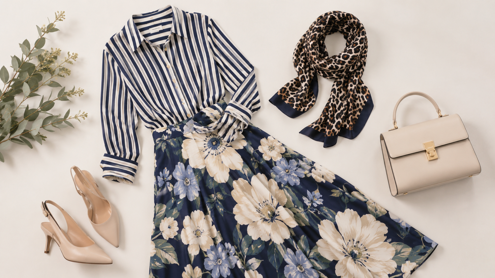Camisa listrada, saia floral midi e acessórios neutros em composição elegante para combinar estampas.