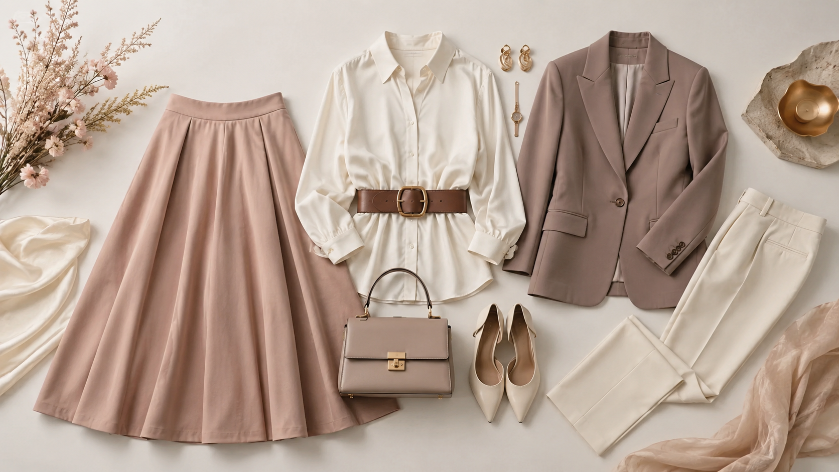Composição flat lay com blazer, camisa, saia, calça e acessórios neutros para explicar proporção no look.
