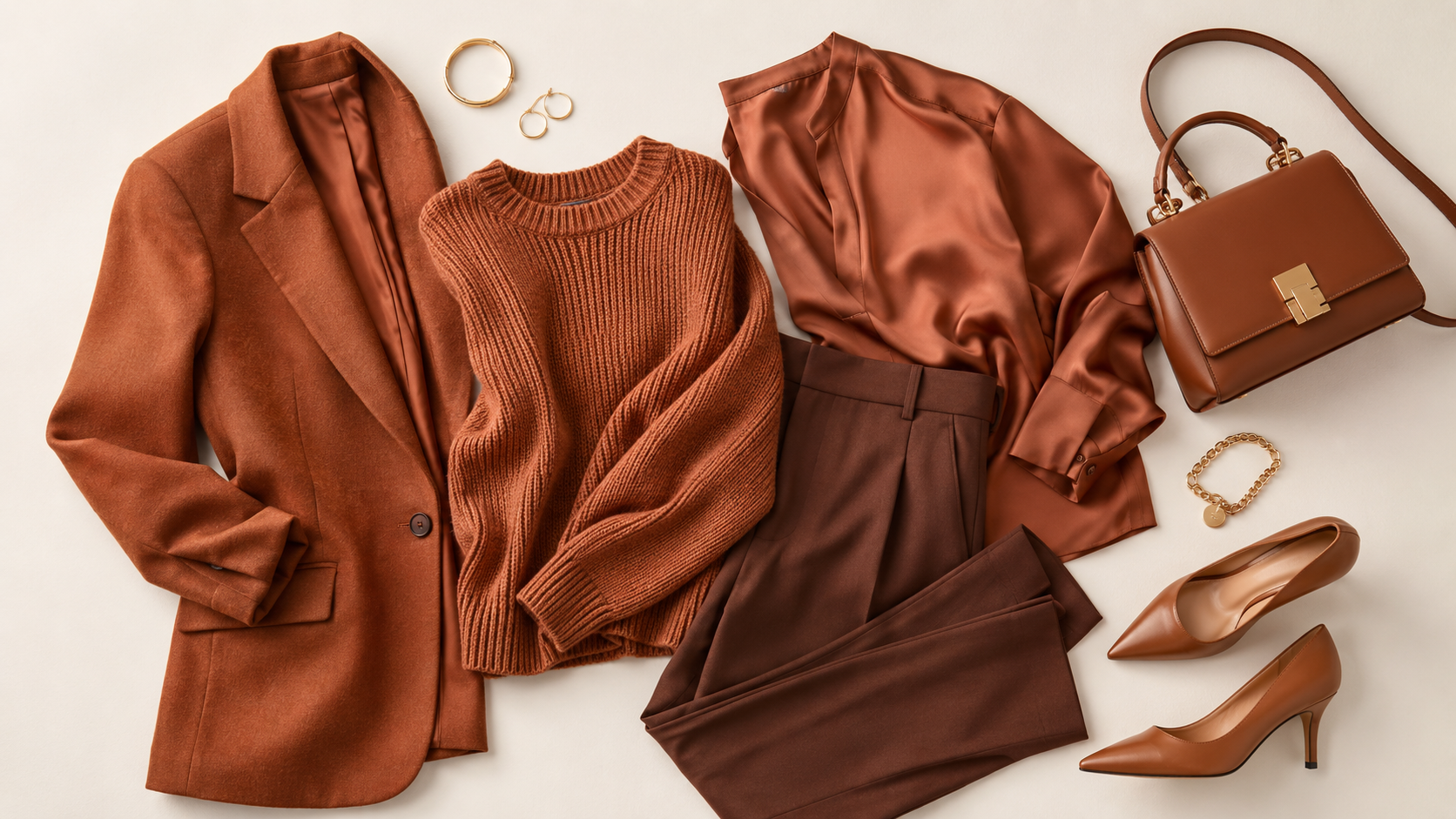 Flat lay monocromático em tons terrosos com blazer, tricô, calça, bolsa e sapatos coordenados.