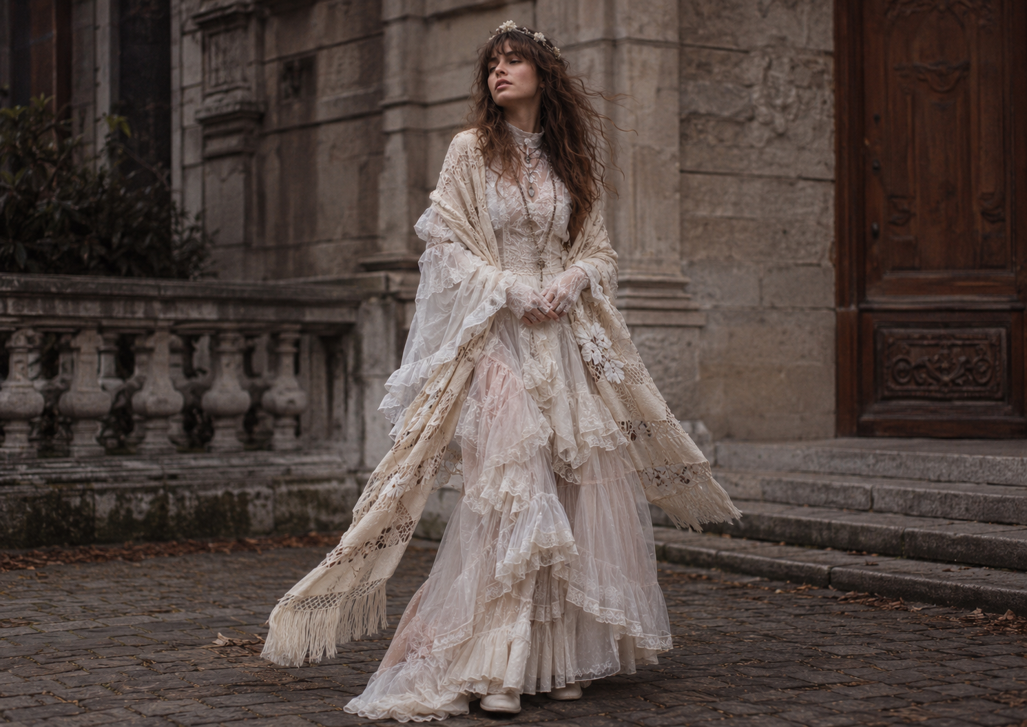 Look folk exagerado com muitas rendas, babados e camadas, criando efeito mais fantasioso que urbano.