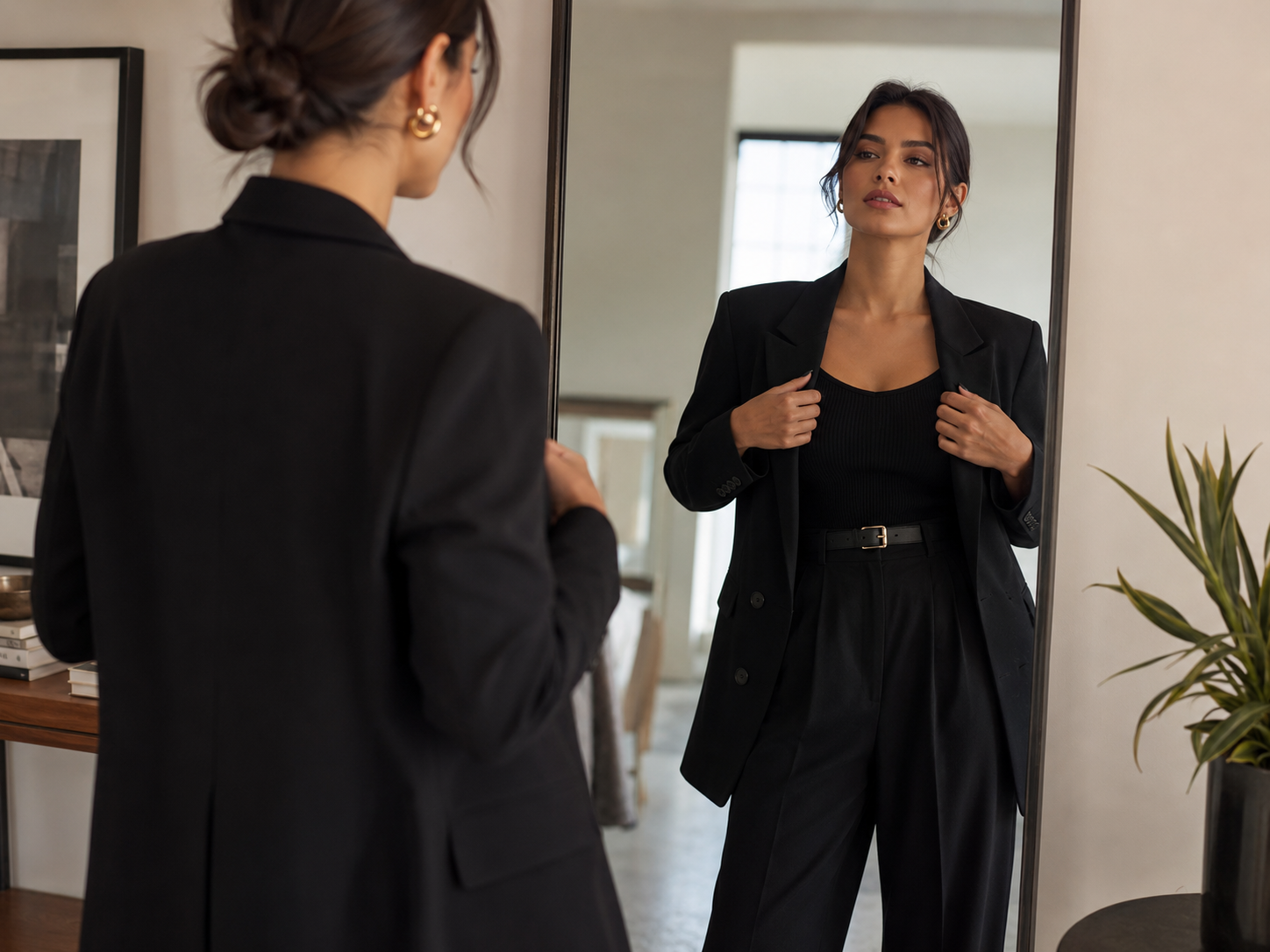 Mulher ajustando blazer preto diante do espelho em look monocromático elegante e moderno.