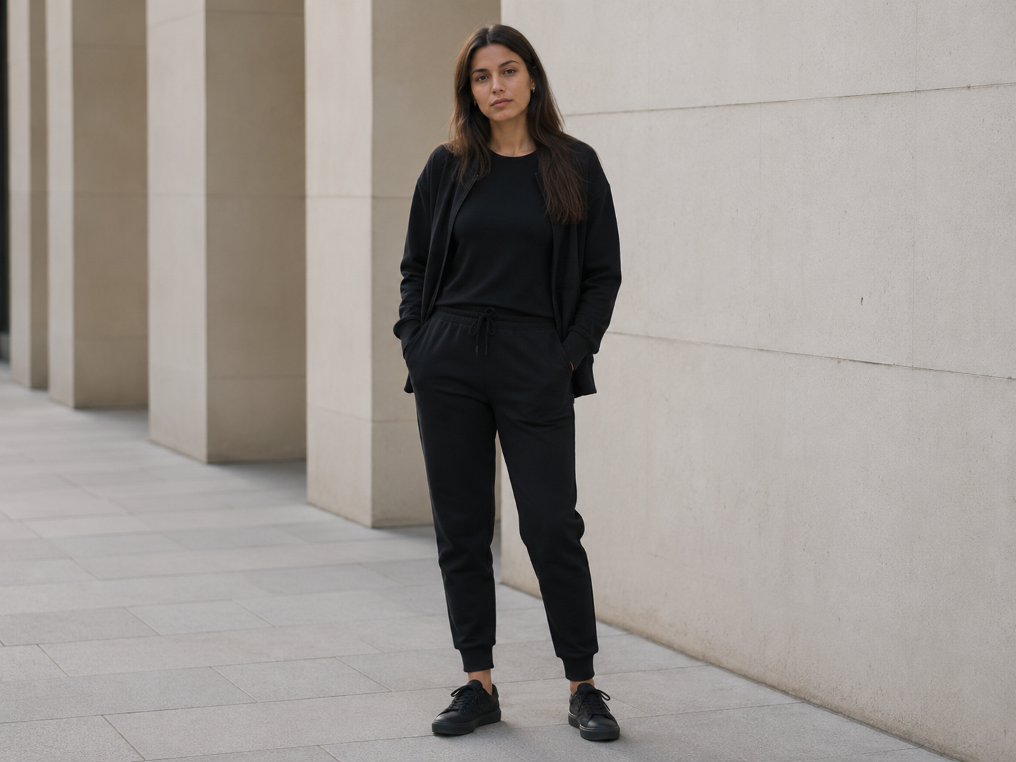 Look preto básico em ambiente minimalista mostra como peças lisas podem parecer sem contraste.