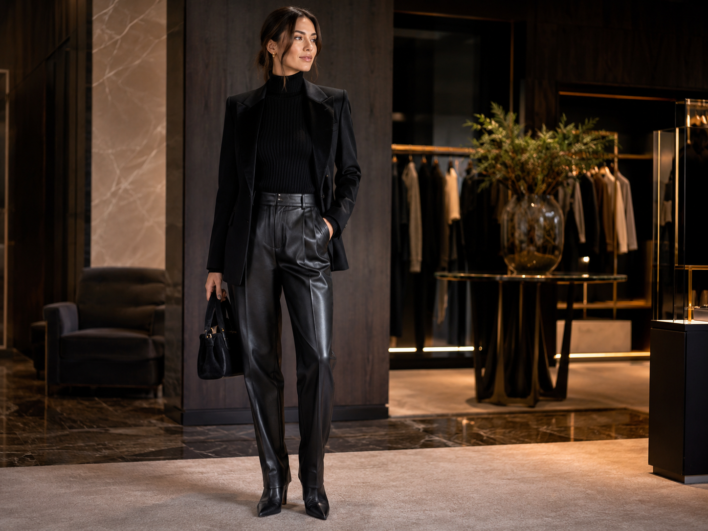 Look preto com couro, malha canelada e alfaiataria em ambiente sofisticado de moda.