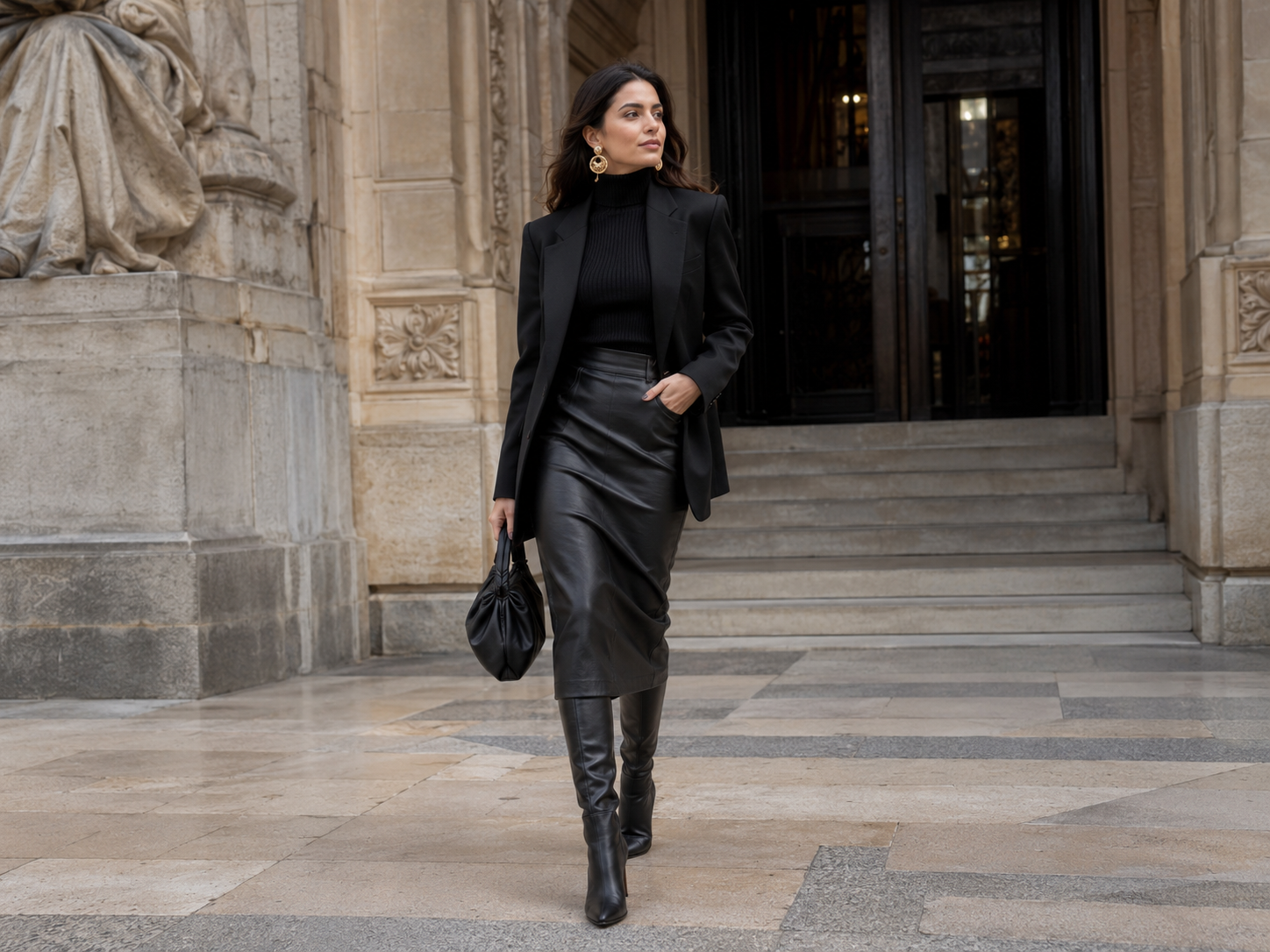 Look preto sofisticado com saia de couro, blazer, bota alta e brinco dourado.