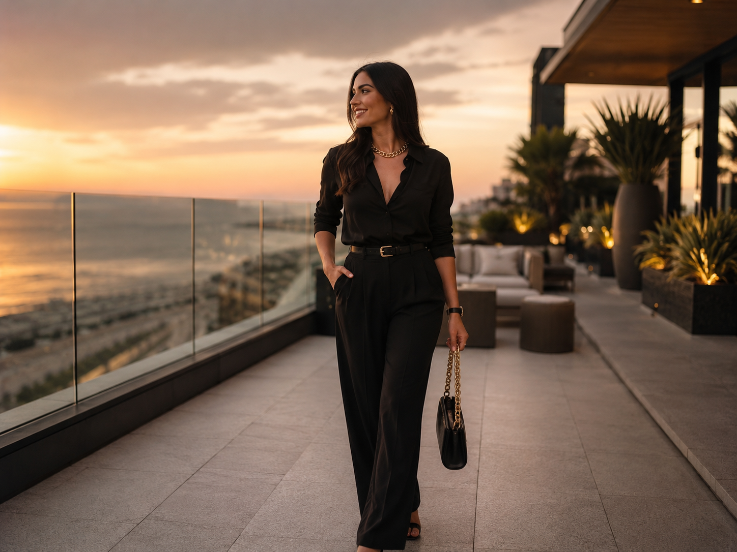 Mulher em look preto elegante no terraço ao pôr do sol, transmitindo sofisticação atemporal.