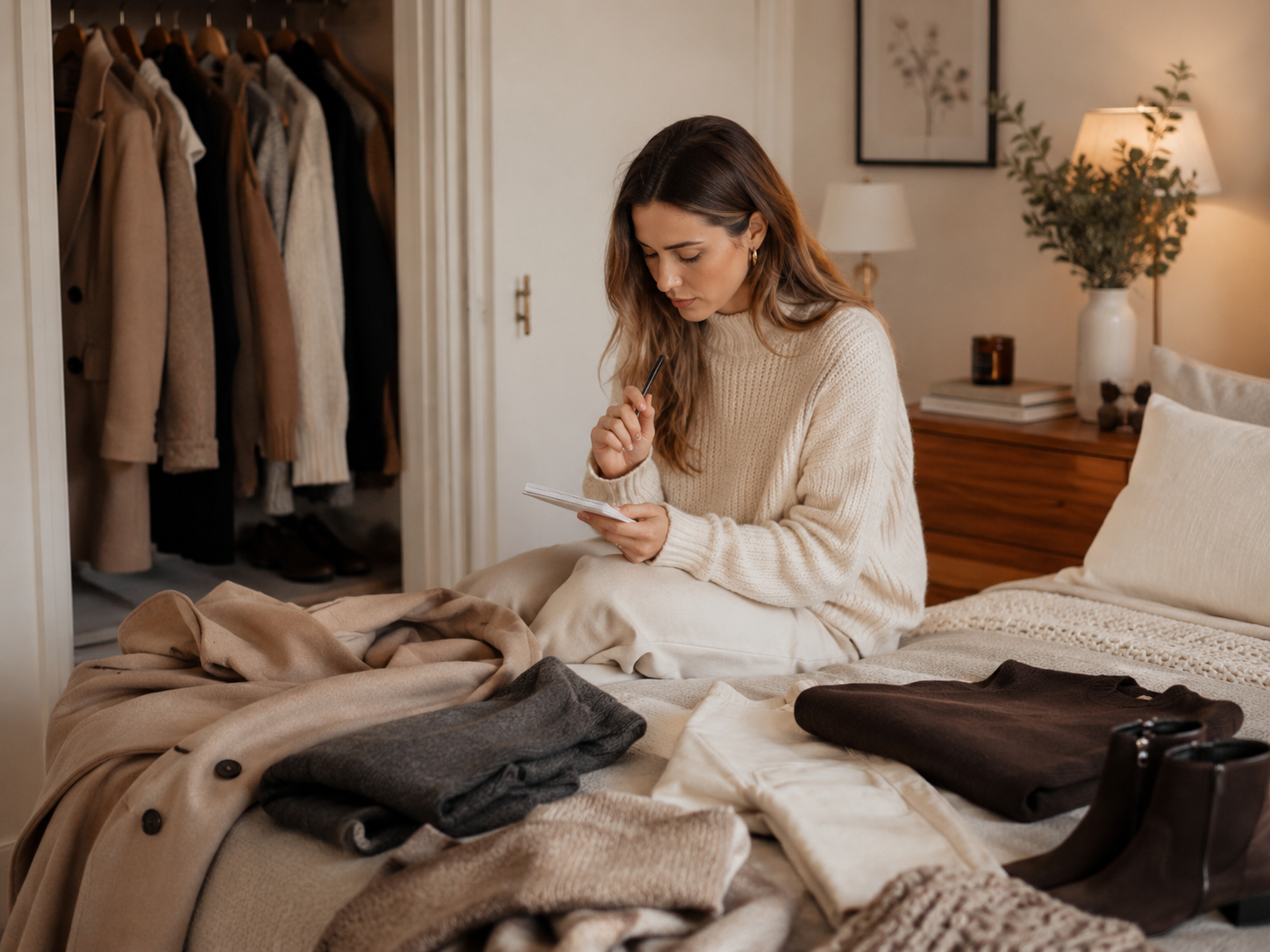 Mulher organiza roupas de inverno sobre a cama e faz lista antes de ir às compras.