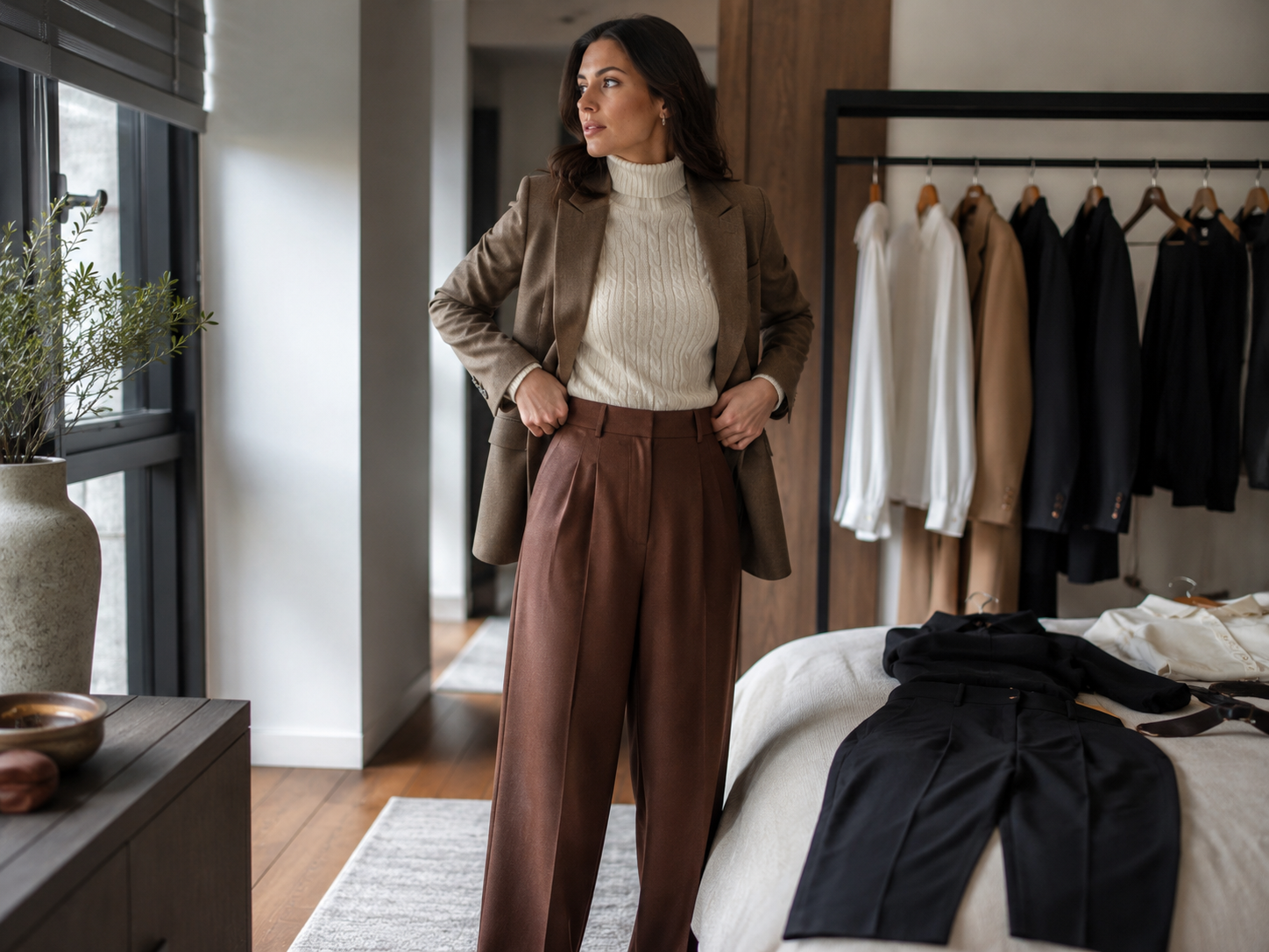 Mulher monta look de trabalho com peças clássicas substituídas por alfaiataria moderna e tricô.