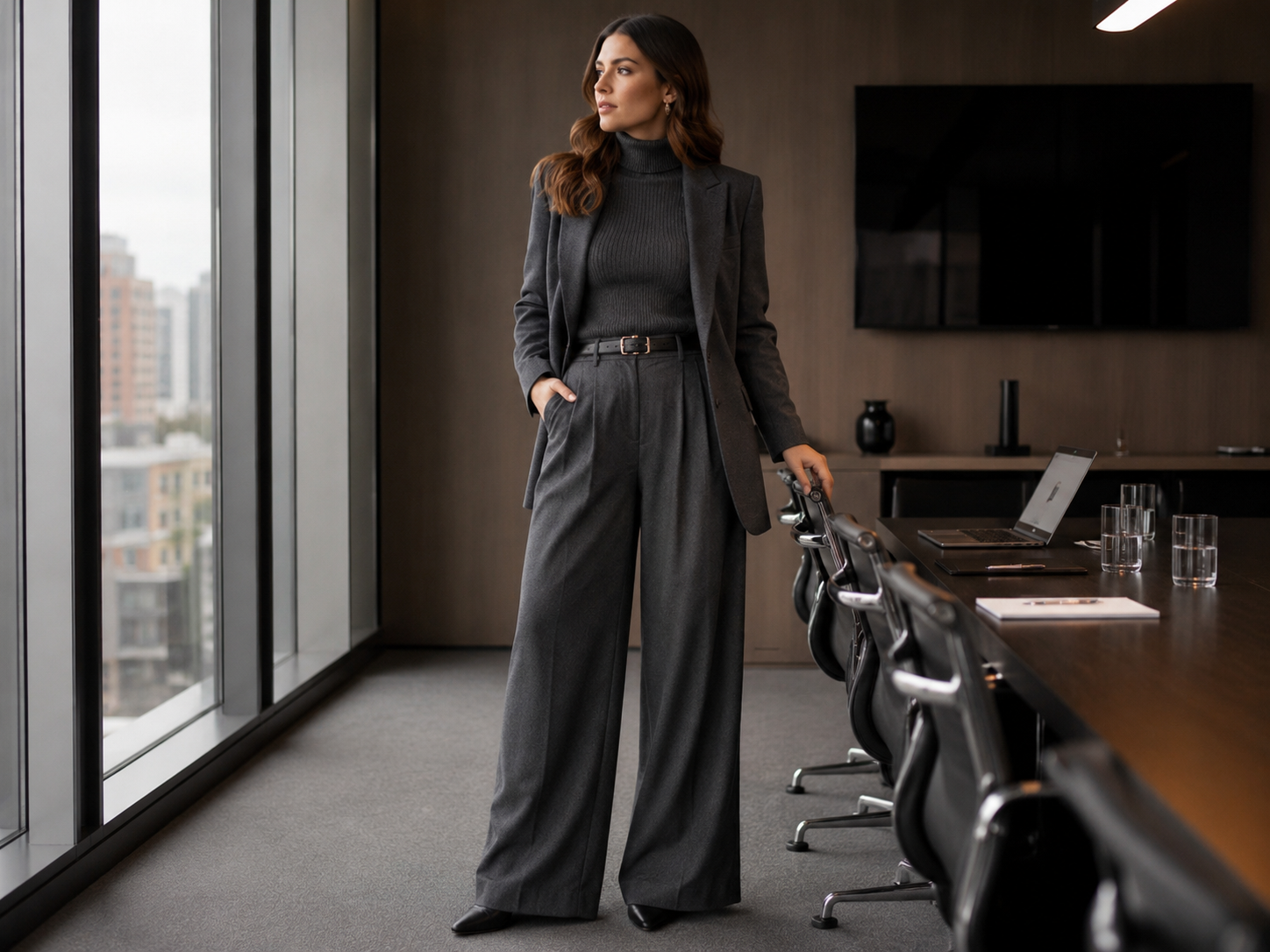 Look corporativo com calça wide leg cinza, gola alta e blazer em sala de reunião moderna.