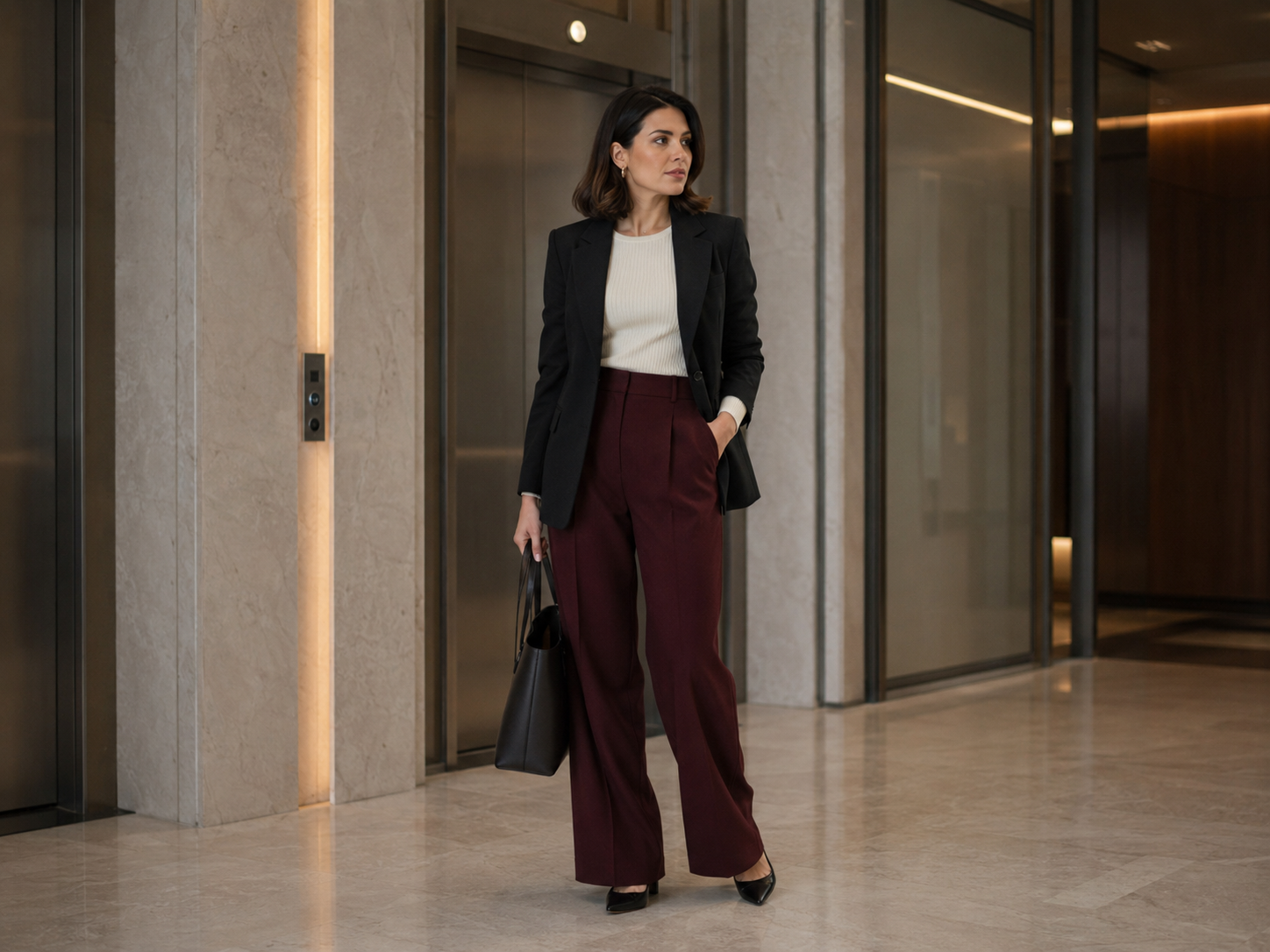 Mulher usa calça bordeaux de alfaiataria com blazer preto em lobby corporativo sofisticado.
