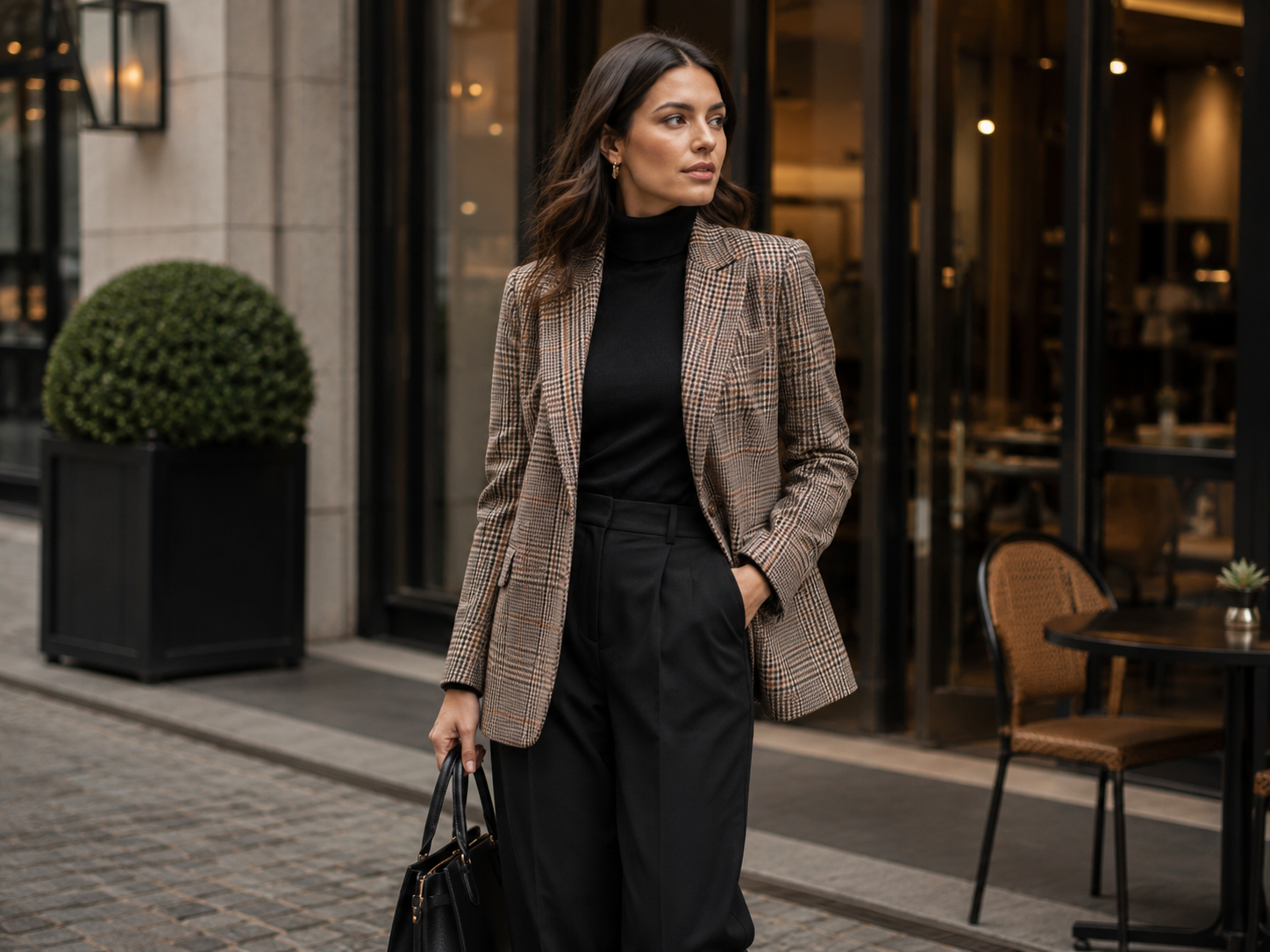 Blazer xadrez marrom com calça preta cria look profissional moderno e sofisticado.