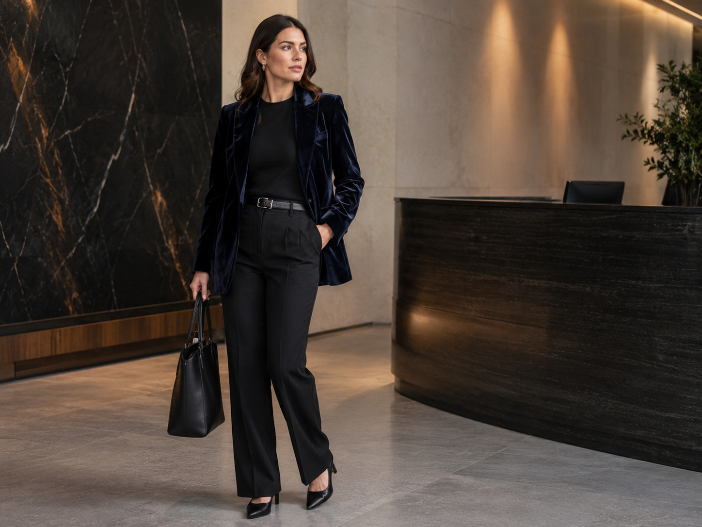 Blazer de veludo escuro aparece como peça única de destaque em look profissional elegante.