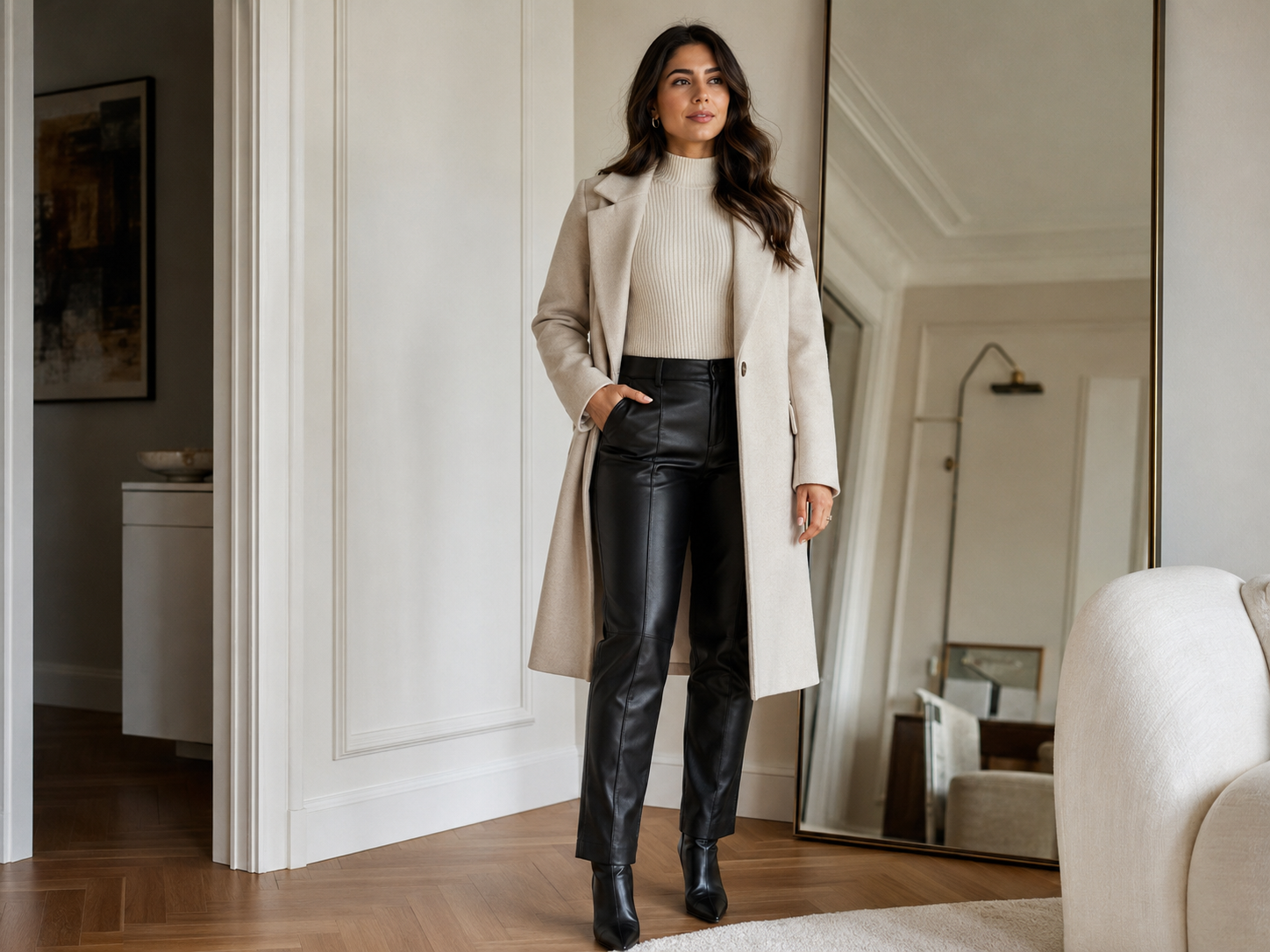 Mulher com calça de couro preta, tricô claro e casaco neutro em composição elegante.