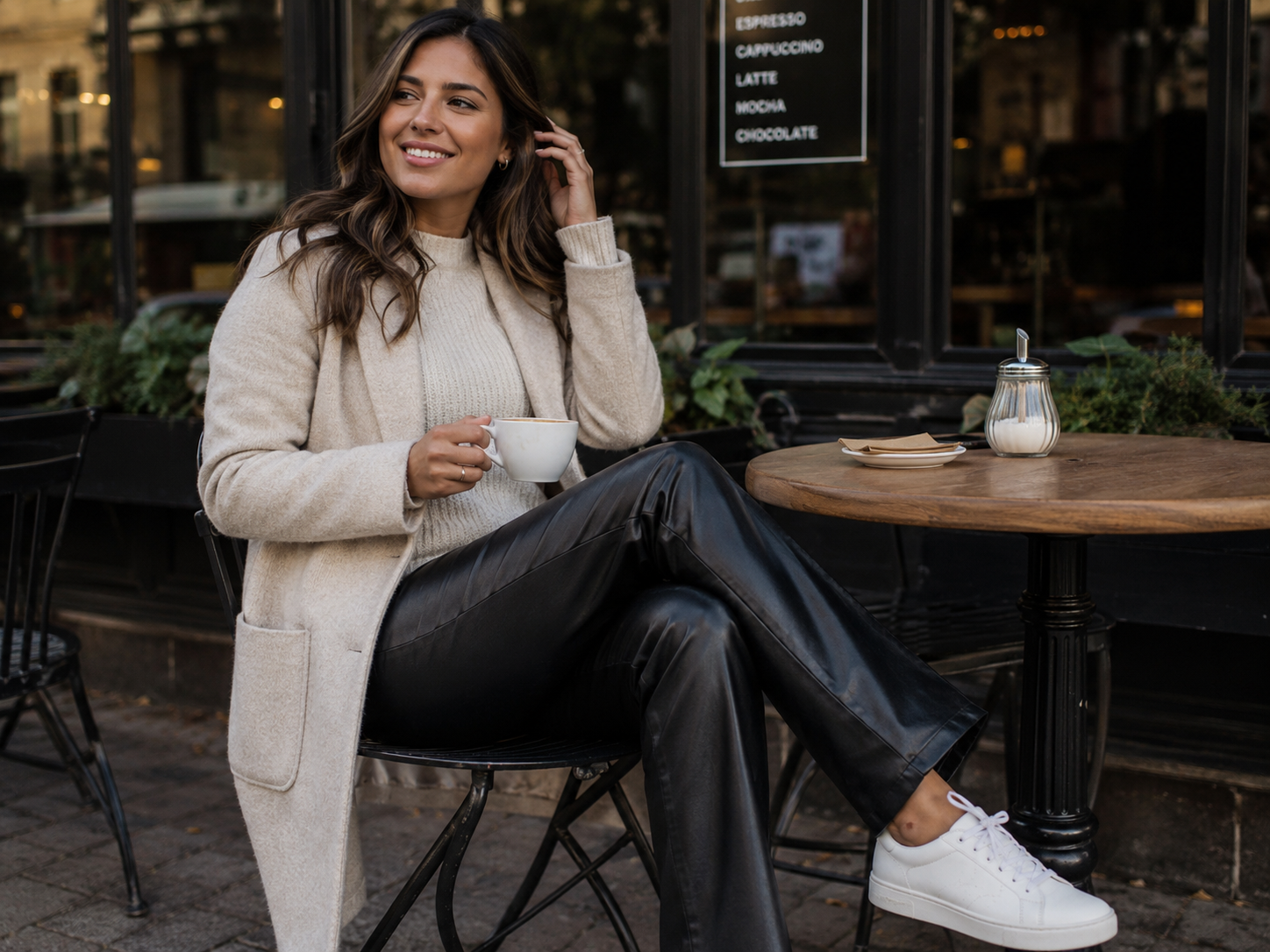 Look casual elegante com calça de couro, tênis branco e tricô em café urbano.