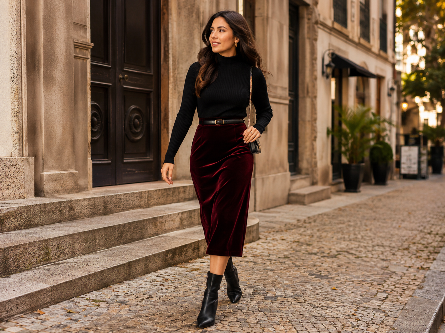 Saia de veludo bordeaux combinada com cinto e botas de couro preto.