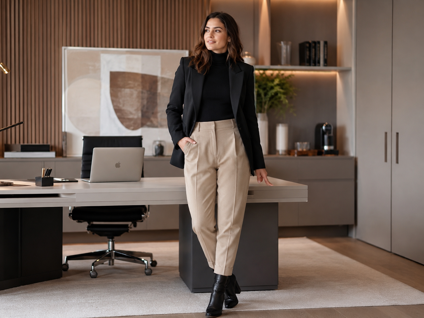 Look profissional com calça de alfaiataria bege, gola alta preta e blazer estruturado.