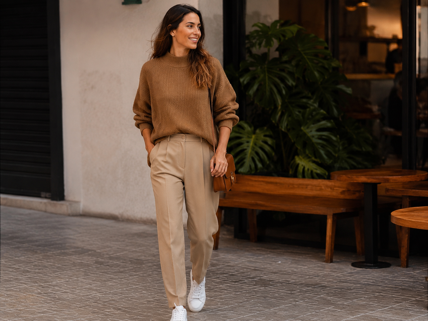 Calça de alfaiataria bege em look casual com tricô caramelo e tênis branco.