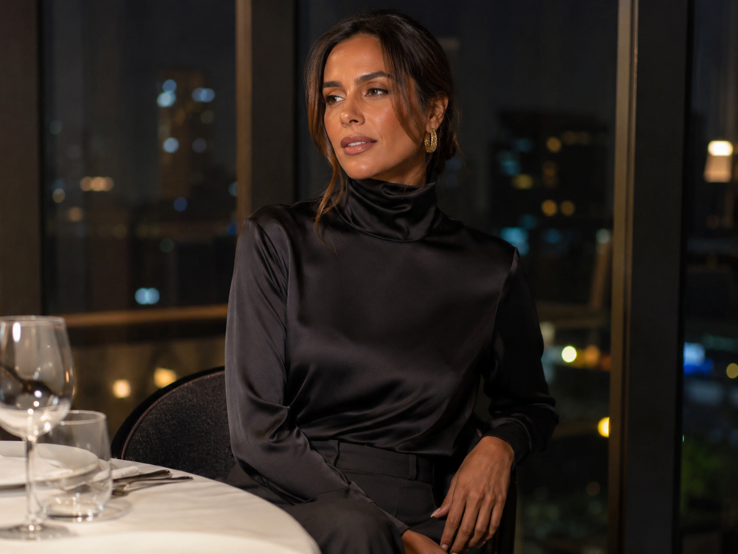Gola alta preta acetinada em produção elegante para jantar ou evento noturno.