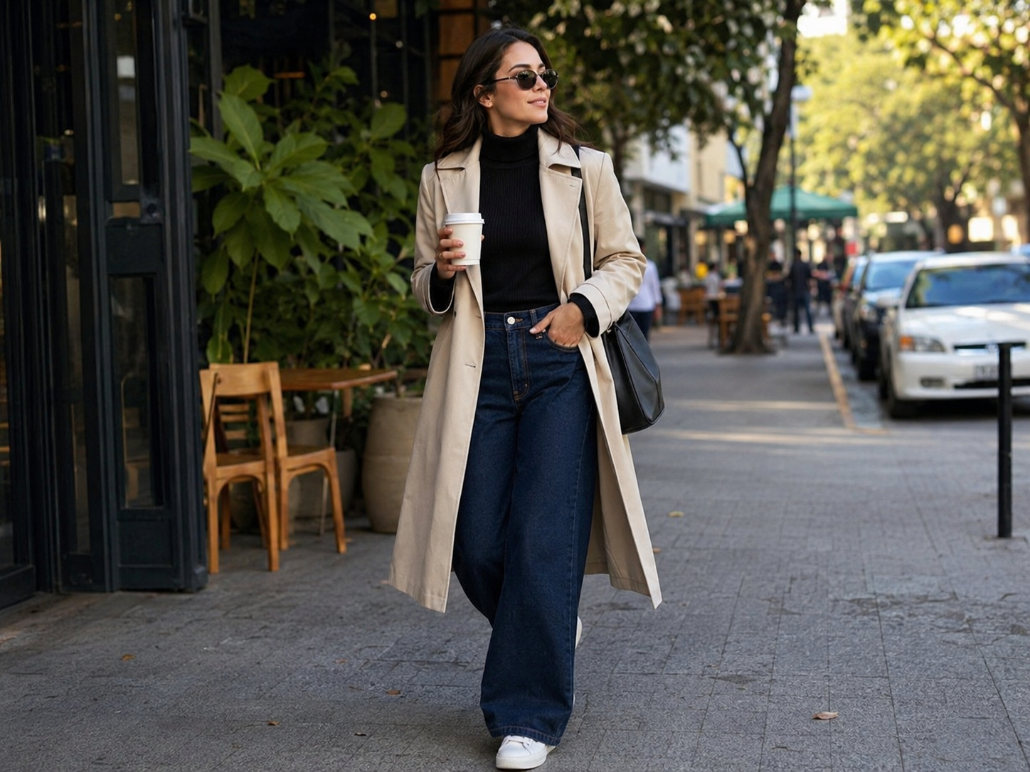 Look casual com gola alta preta, jeans wide leg, tênis branco e casaco bege.