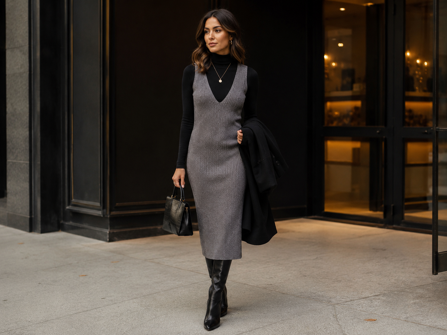 Sobreposição elegante com gola alta preta por baixo de vestido midi de malha cinza.