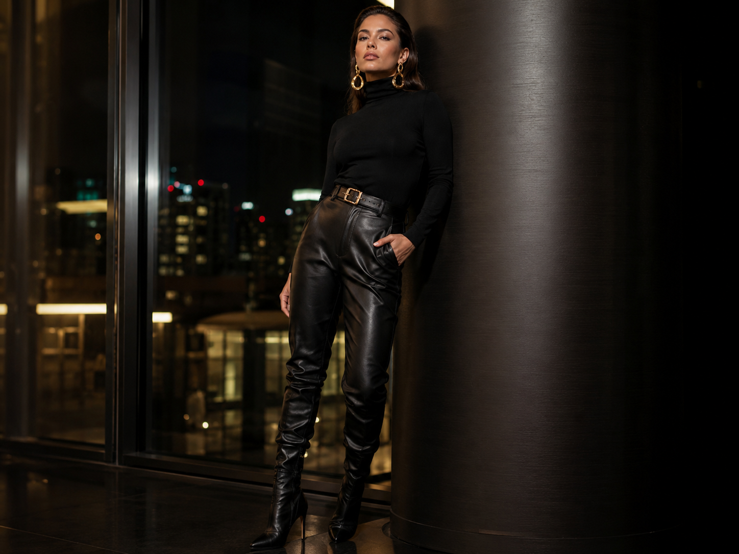 Look noturno com gola alta preta, calça de couro, botas e brincos dourados.