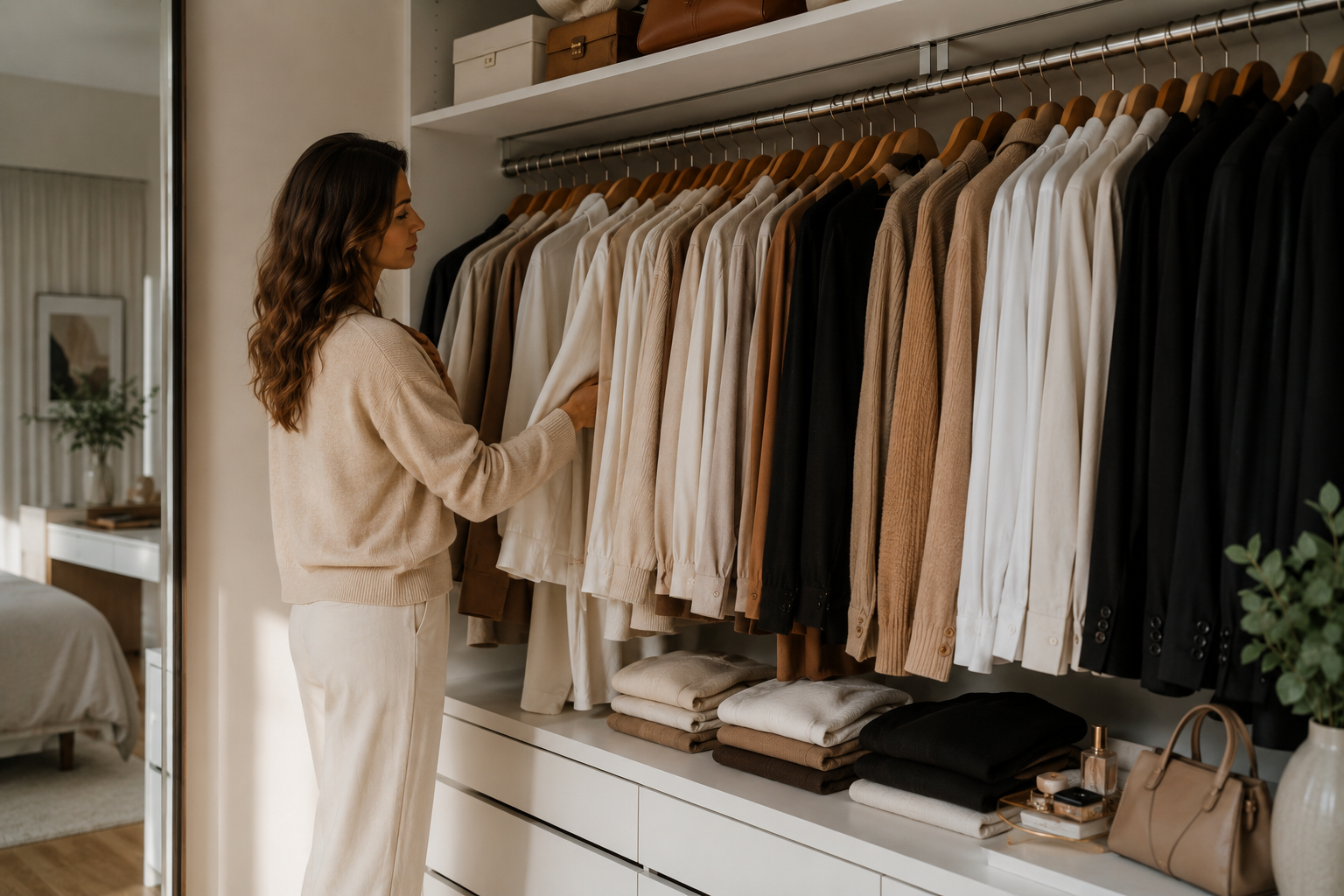 Arara organizada com peças essenciais de guarda-roupa feminino em tons neutros