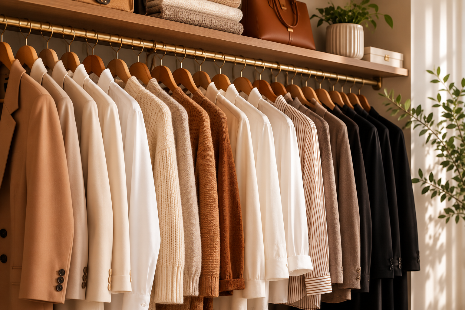 Guarda-roupa feminino com paleta de cores coesa em tons terrosos e neutros