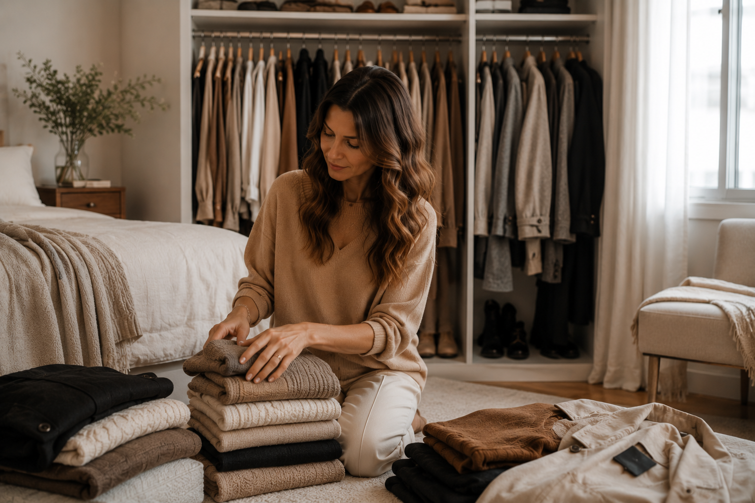 Mulher dobrando malhas por cor para guardar corretamente no guarda-roupa