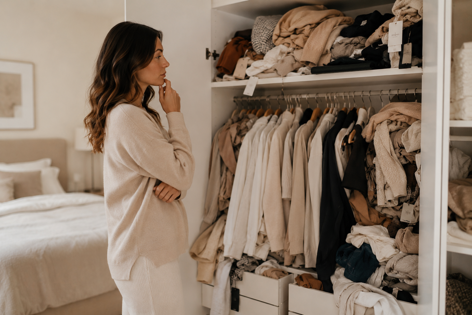 Closet feminino lotado e desorganizado com etiquetas de loja ainda penduradas em peças não usadas